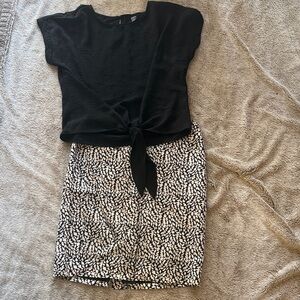 Black Tie-Front Blouse with Black & White Leaf Print Skirt